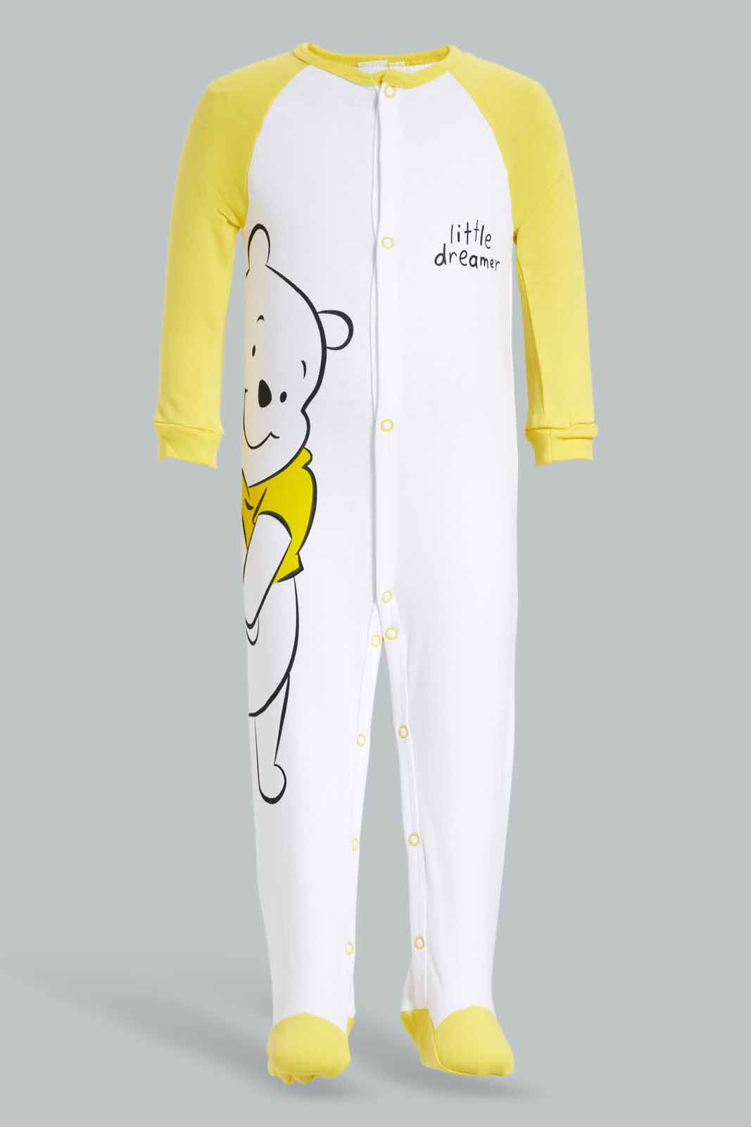 Redtag-Yellow-And-White-Winnie-The-Pooh-Sleep-Suit-Category:Sleepsuits,-CHR,-Colour:Yellow,-Deals:Sale,-Filter:Baby-(0-to-12-Mths),-NBB-Sleepsuits,-S22C,-Sale-NBB-APL,-Section:Boys-(0-to-14Yrs)-Baby-0 to 12 Months