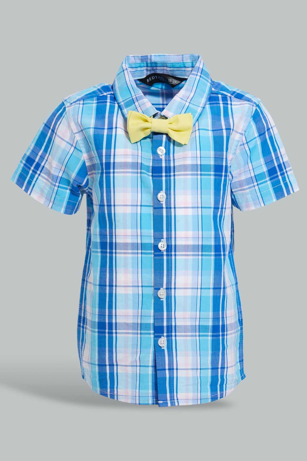Redtag-Blue-Check-Bow-Shirt-With-White-Short-Set-Sets-Infant-Boys-3 to 24 Months
