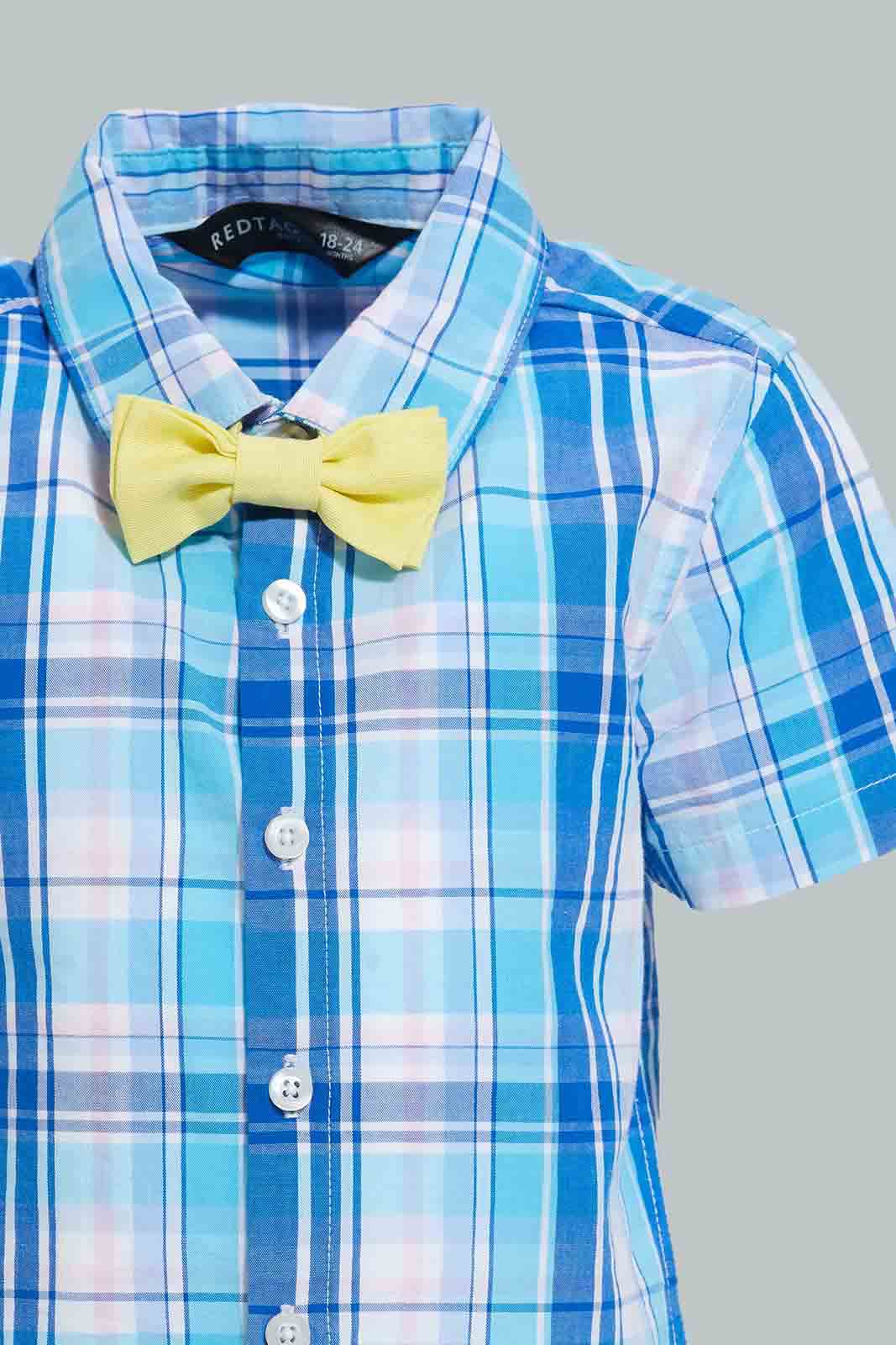 Redtag-Blue-Check-Bow-Shirt-With-White-Short-Set-Sets-Infant-Boys-3 to 24 Months