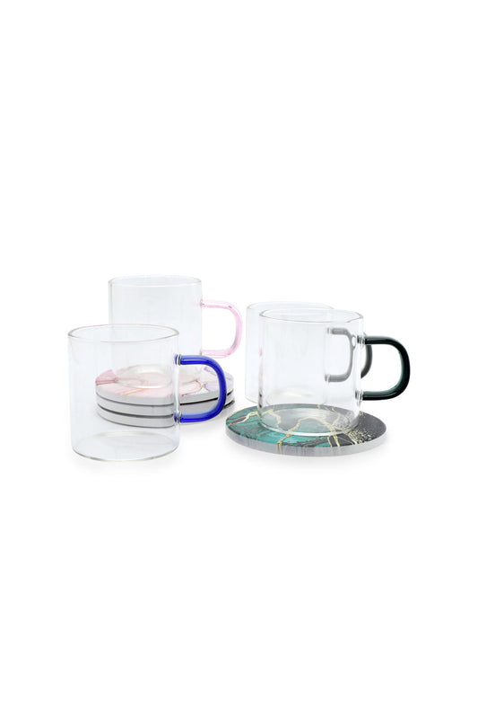 Redtag-Assorted-Glass-Cup-And-Geomatric-Ceramic-Saucer-Set-(8-Piece)-Category:Cups-&-Mugs,-Colour:Multicolour,-Deals:New-In,-Dept:Home,-Euphoric,-Filter:Home-Dining,-HMW-DIN-Crockery,-New-In-HMW-DIN,-Non-Sale,-Section:Homewares,-W22A-Home-Dining-
