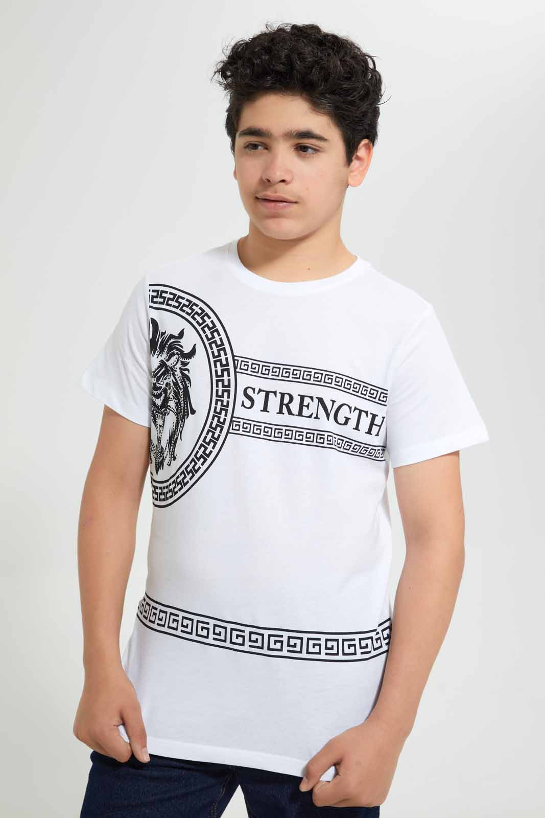 Redtag-White-Lion-Roar-Ambition-T-Shirt-Graphic-T-Shirts-Senior-Boys-9 to 14 Years