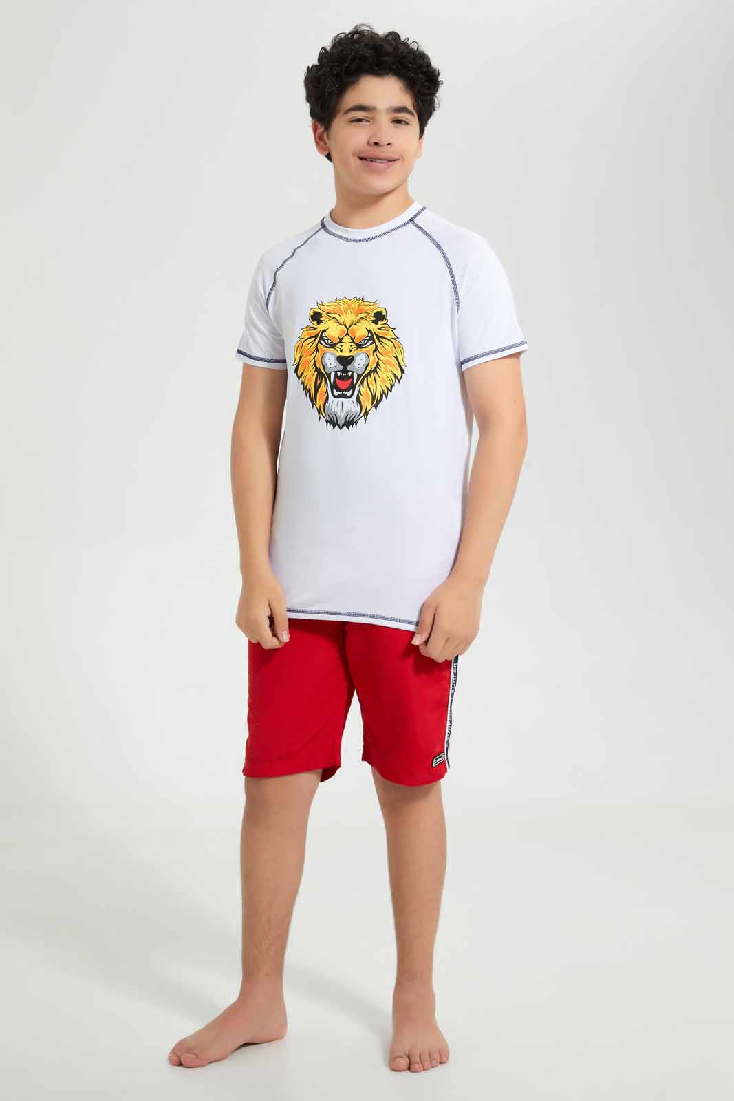 Redtag-White-Lion-Rashguard-T-Shirt-Graphic-T-Shirts-Senior-Boys-9 to 14 Years
