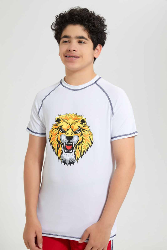 Redtag-White-Lion-Rashguard-T-Shirt-Graphic-T-Shirts-Senior-Boys-9 to 14 Years