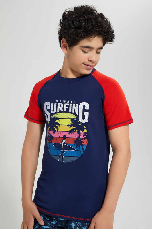 Redtag-Navy-Surfing-Rashguard-T-Shirt-Graphic-T-Shirts-Senior-Boys-9 to 14 Years