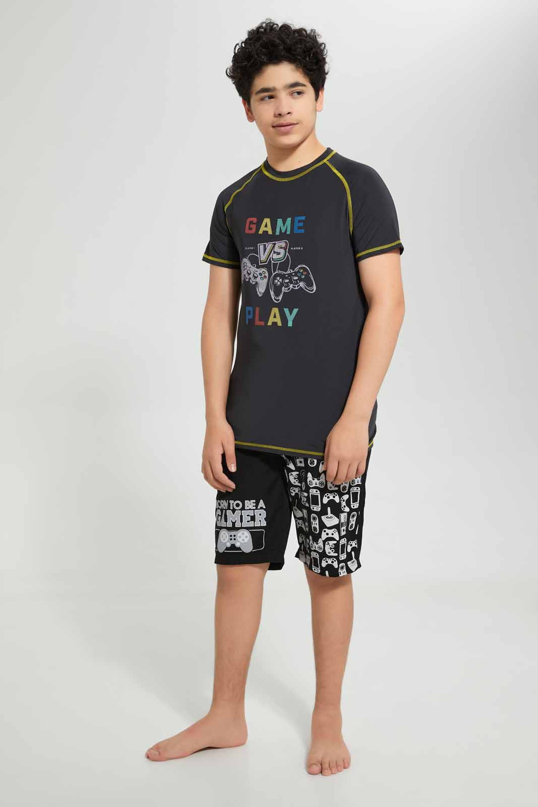 Redtag-Black-Gamer-Rashguard-Graphic-T-Shirts-Senior-Boys-9 to 14 Years