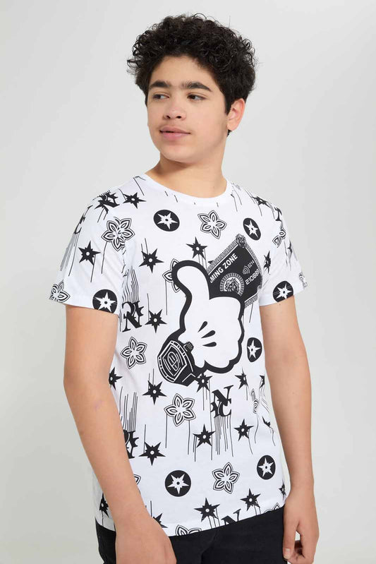 Redtag-White-Hand-Glove-Print-T-Shirt-Graphic-T-Shirts-Senior-Boys-9 to 14 Years