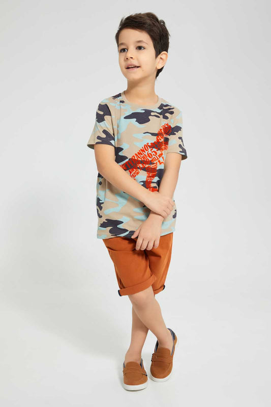 Redtag-Beige-Dino-Aop-T-Shirt-And-Short-Set-Sets-Boys-2 to 8 Years