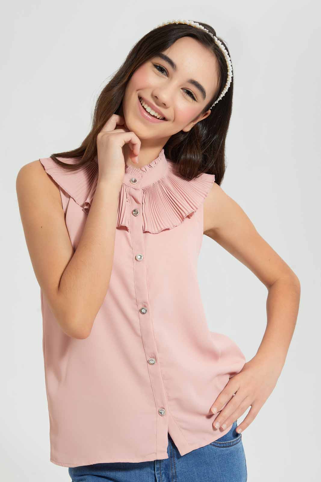 Redtag-Pink-Pleated-Collar-Blouse-Blouses-Senior-Girls-9 to 14 Years