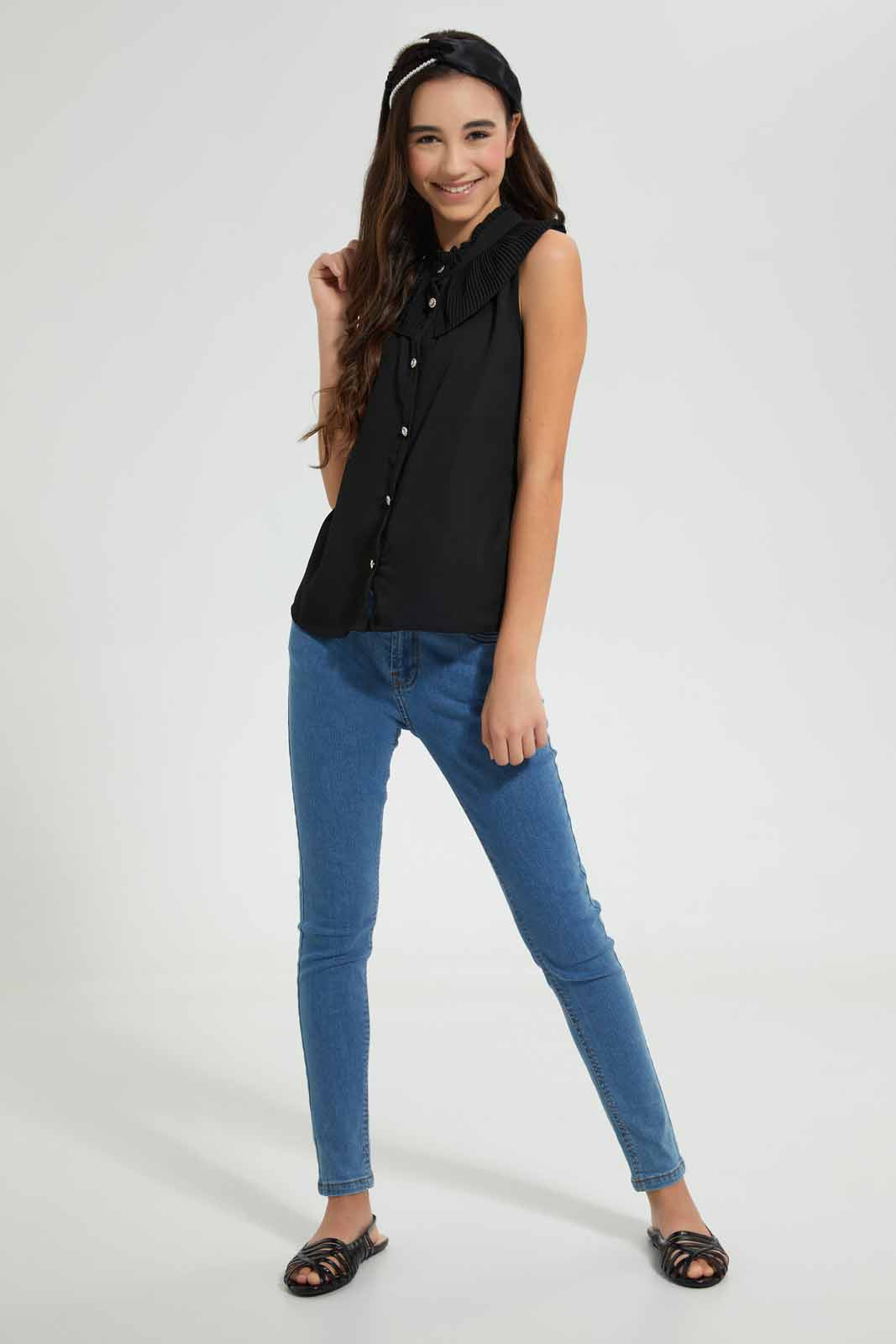 Redtag-Black-Pleated-Collar-Blouse-Blouses-Senior-Girls-9 to 14 Years