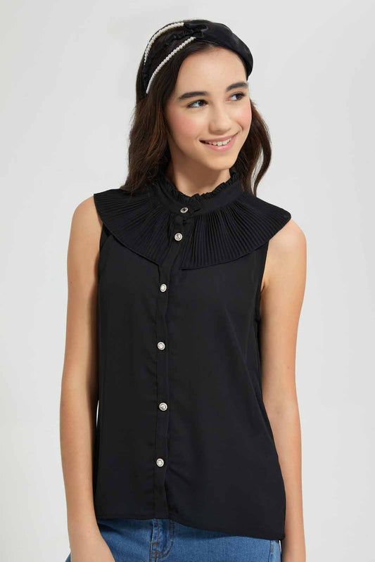 Redtag-Black-Pleated-Collar-Blouse-Blouses-Senior-Girls-9 to 14 Years