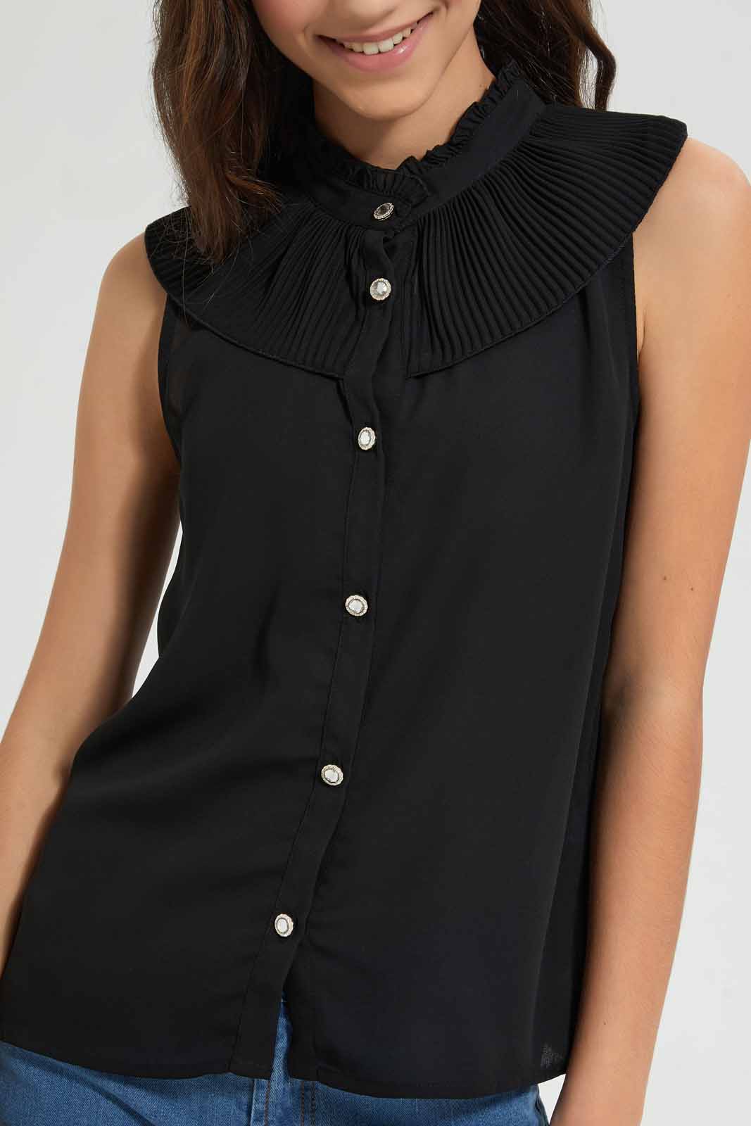 Redtag-Black-Pleated-Collar-Blouse-Blouses-Senior-Girls-9 to 14 Years