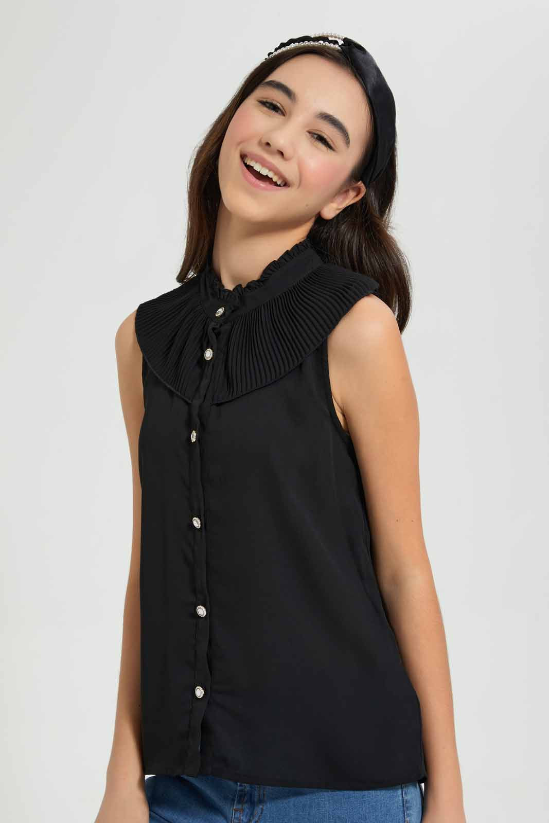 Redtag-Black-Pleated-Collar-Blouse-Blouses-Senior-Girls-9 to 14 Years