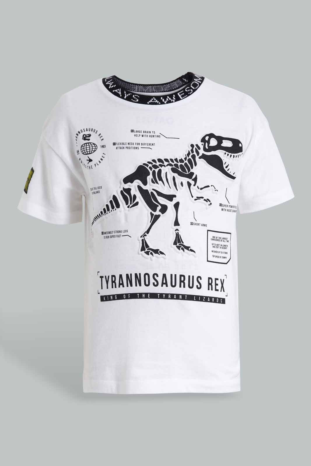 Redtag-White-Embossed-Dino-Print-T-Shirt-BOY-T-Shirts,-Category:T-Shirts,-Colour:White,-Deals:New-In,-Filter:Boys-(2-to-8-Yrs),-New-In-BOY-APL,-Non-Sale,-S22C,-Section:Kidswear-Boys-2 to 8 Years