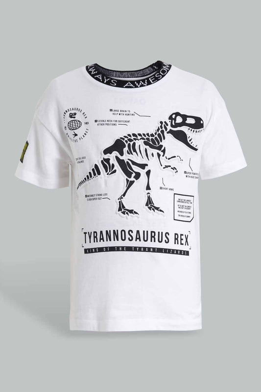 Redtag-White-Embossed-Dino-Print-T-Shirt-BOY-T-Shirts,-Category:T-Shirts,-Colour:White,-Deals:New-In,-Filter:Boys-(2-to-8-Yrs),-New-In-BOY-APL,-Non-Sale,-S22C,-Section:Kidswear-Boys-2 to 8 Years