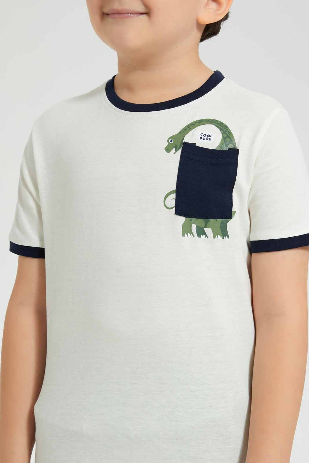 Redtag-Stone-Dino-Print-Pocket-T-Shirt-Graphic-T-Shirts-Boys-2 to 8 Years
