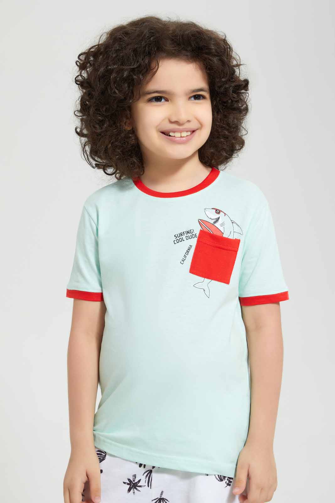 Redtag-Blue-Shark-Print-Pocket-T-Shirt-Graphic-T-Shirts-Boys-2 to 8 Years