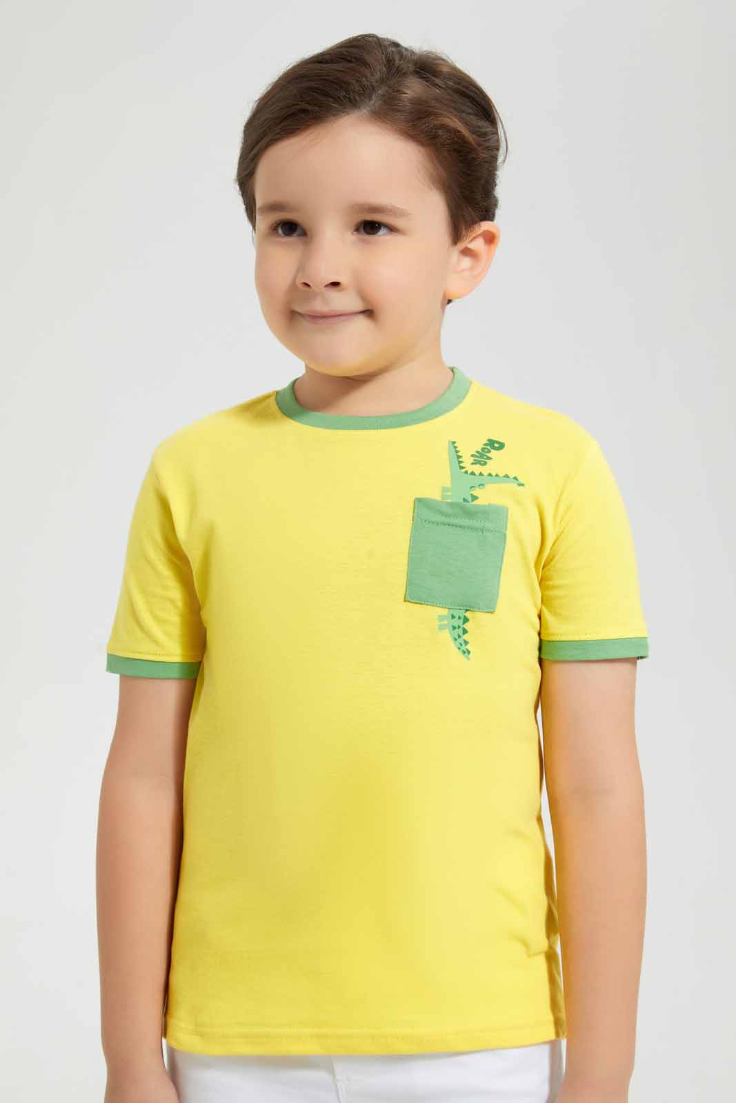 Redtag-Yellow-Croc-Print-Pocket-T-Shirt-Graphic-T-Shirts-Boys-2 to 8 Years
