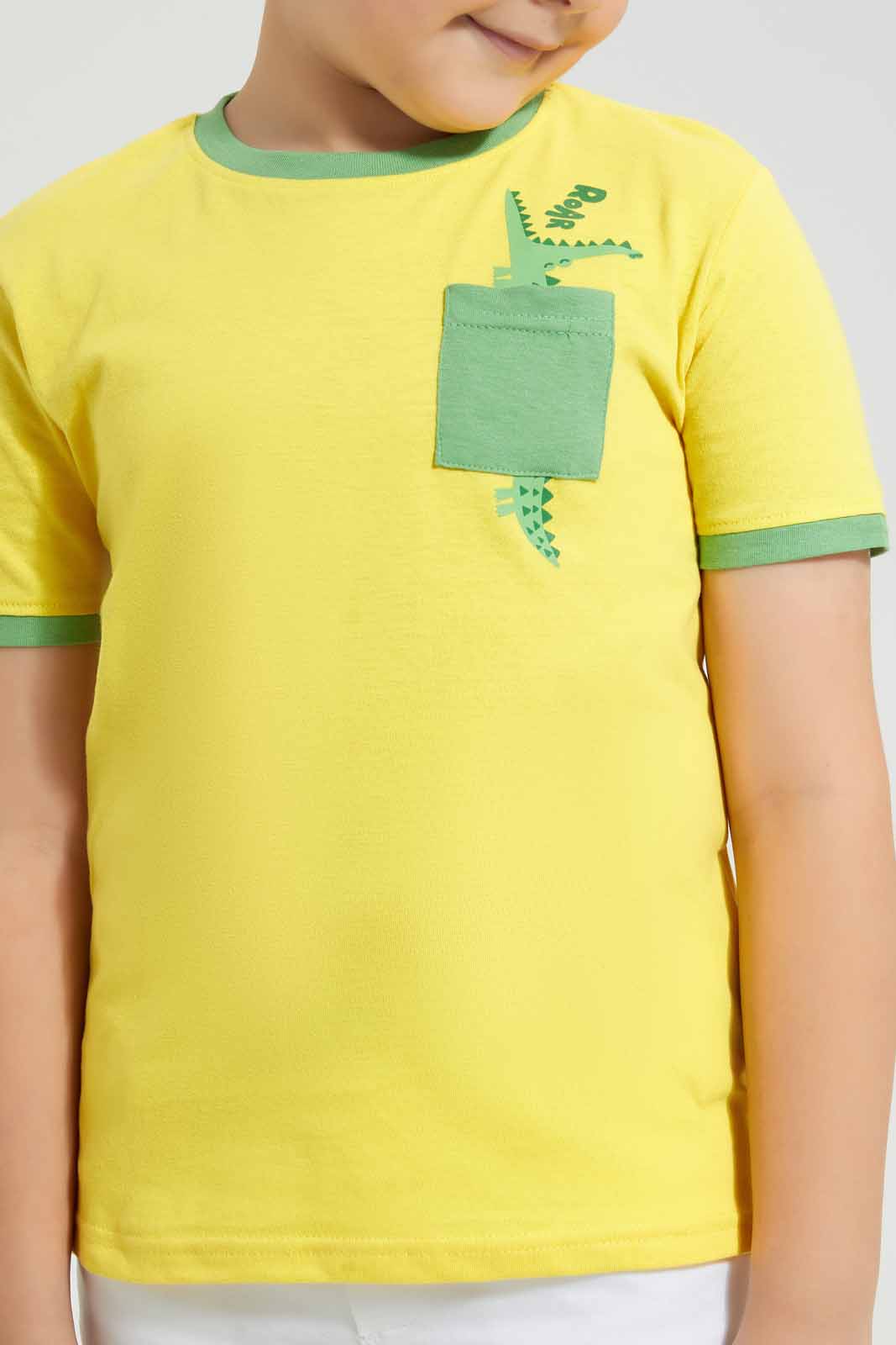 Redtag-Yellow-Croc-Print-Pocket-T-Shirt-Graphic-T-Shirts-Boys-2 to 8 Years