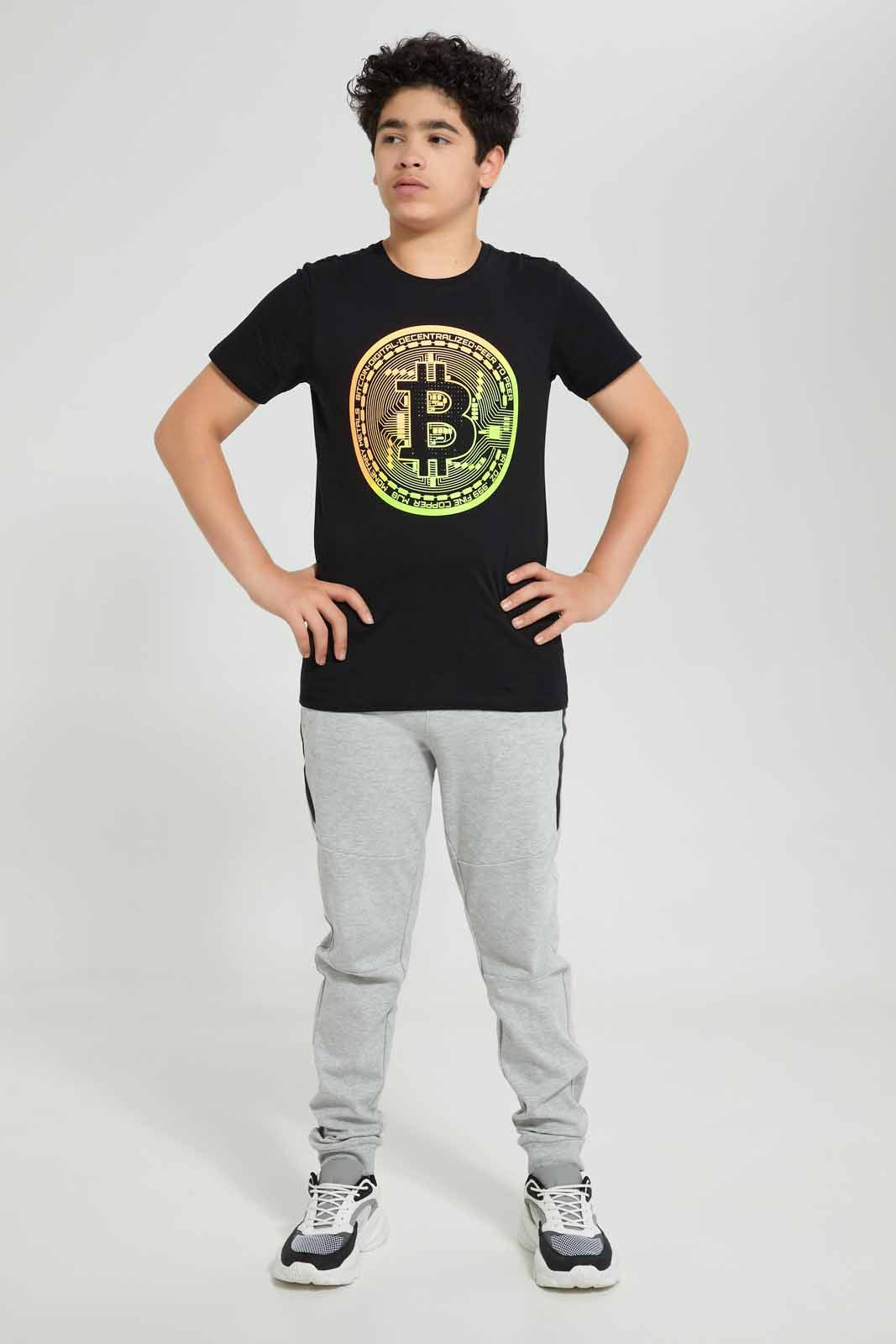 Redtag-Black-Bitcoin-T-Shirt-Graphic-T-Shirts-Senior-Boys-9 to 14 Years