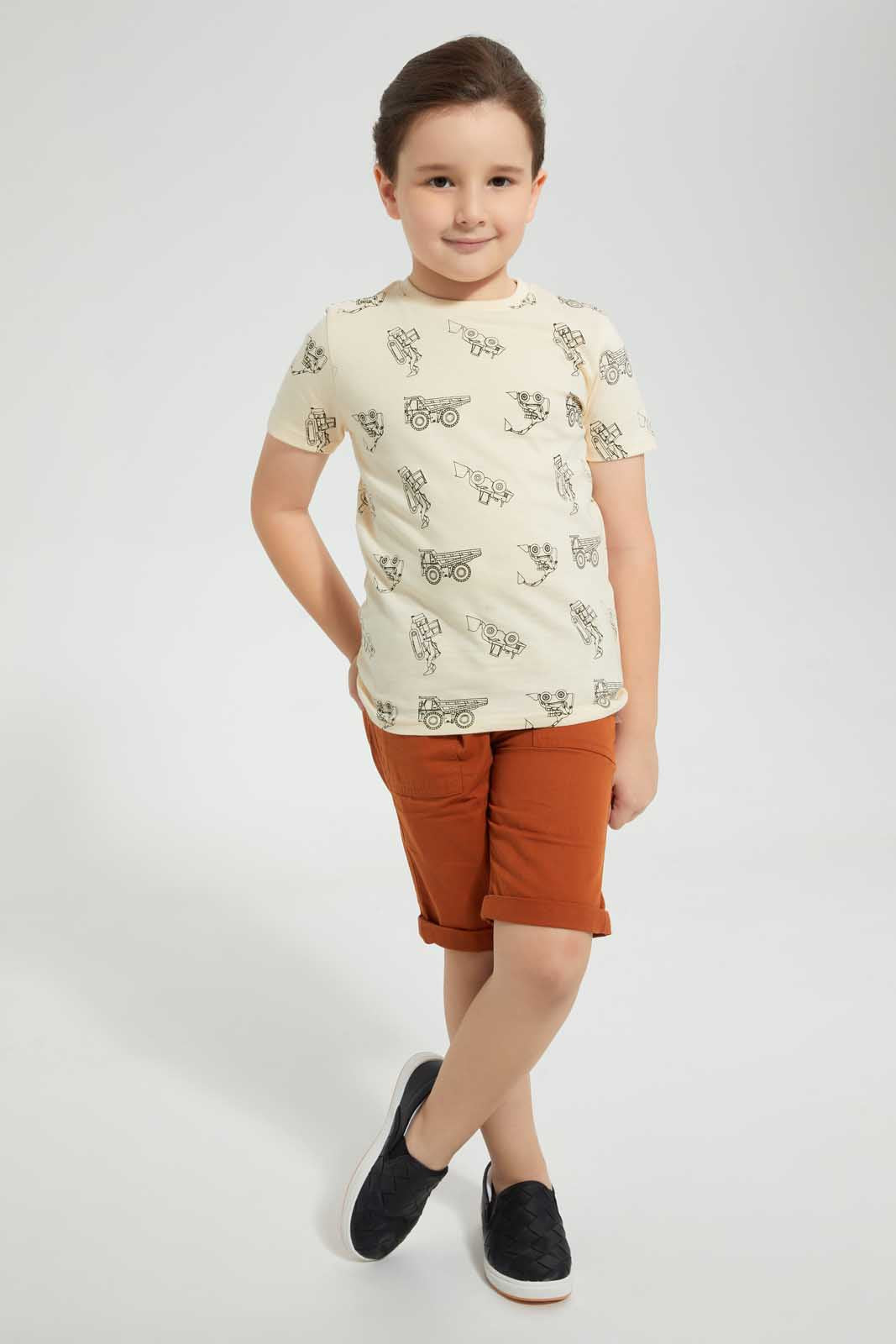 Beige Vehicle Printed T-Shirt