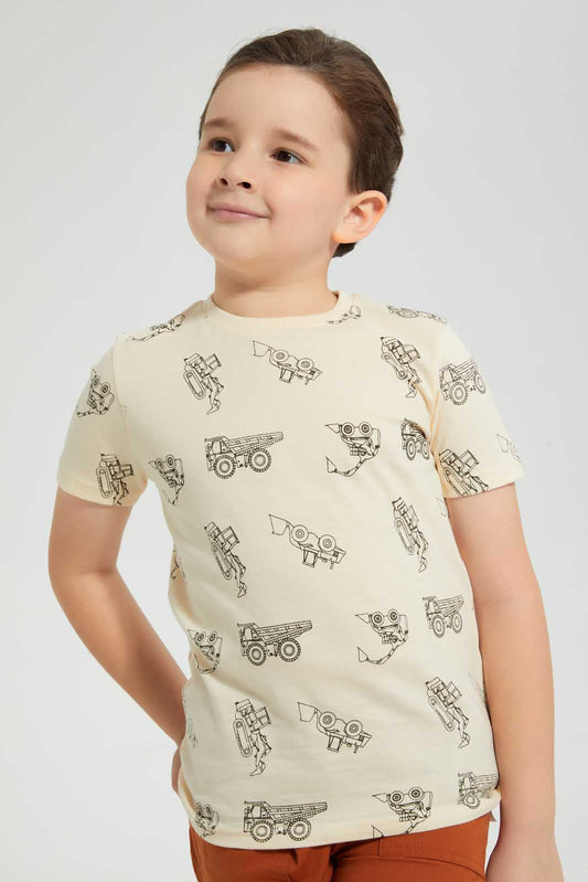 Beige Vehicle Printed T-Shirt