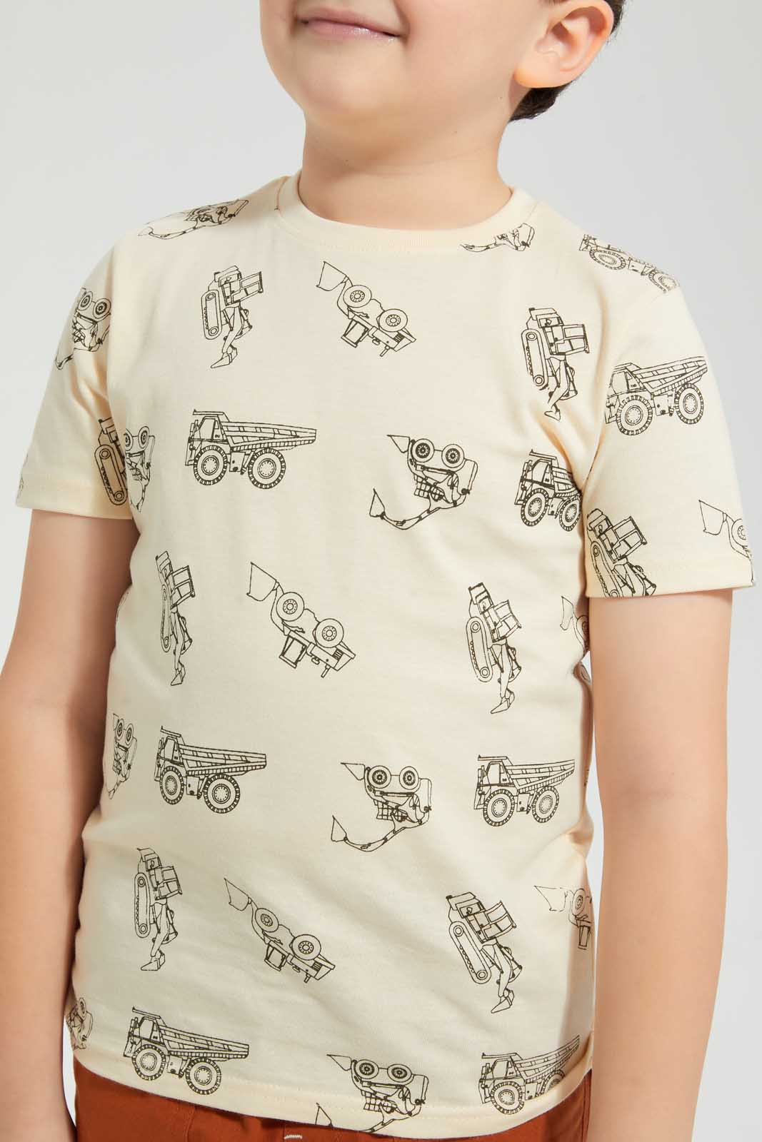 Beige Vehicle Printed T-Shirt