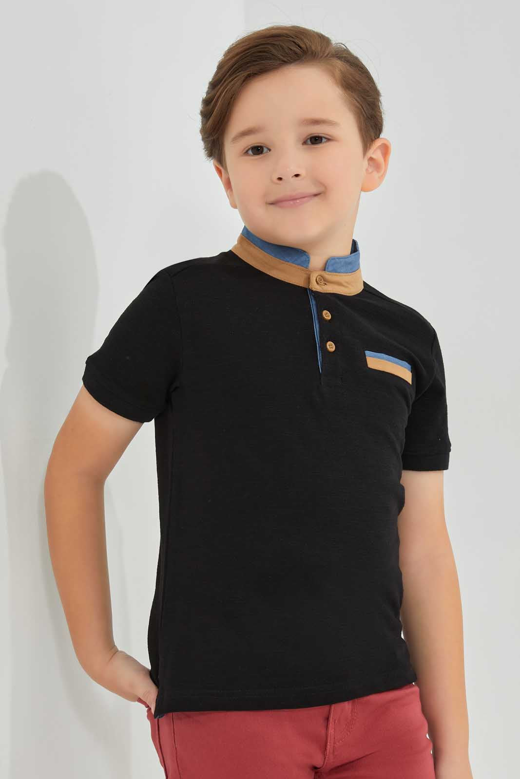 Redtag-Black-Stand-Up-Polo-With-Pocket-Polo-Shirts-Boys-2 to 8 Years