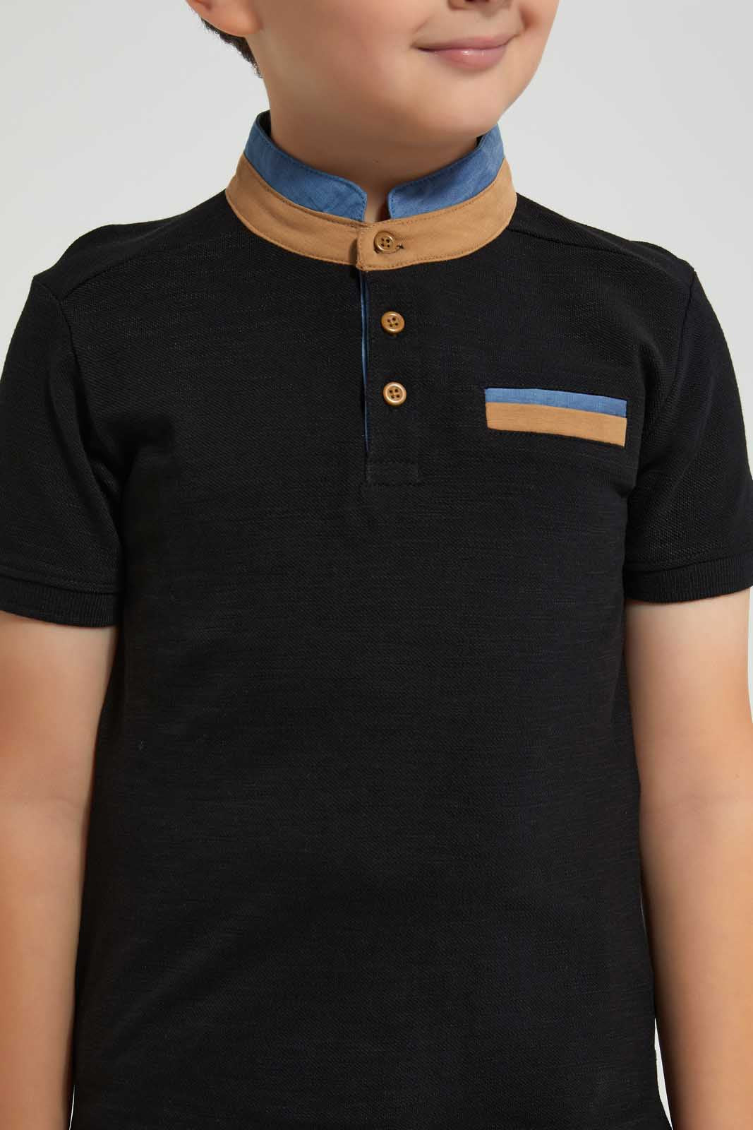 Redtag-Black-Stand-Up-Polo-With-Pocket-Polo-Shirts-Boys-2 to 8 Years
