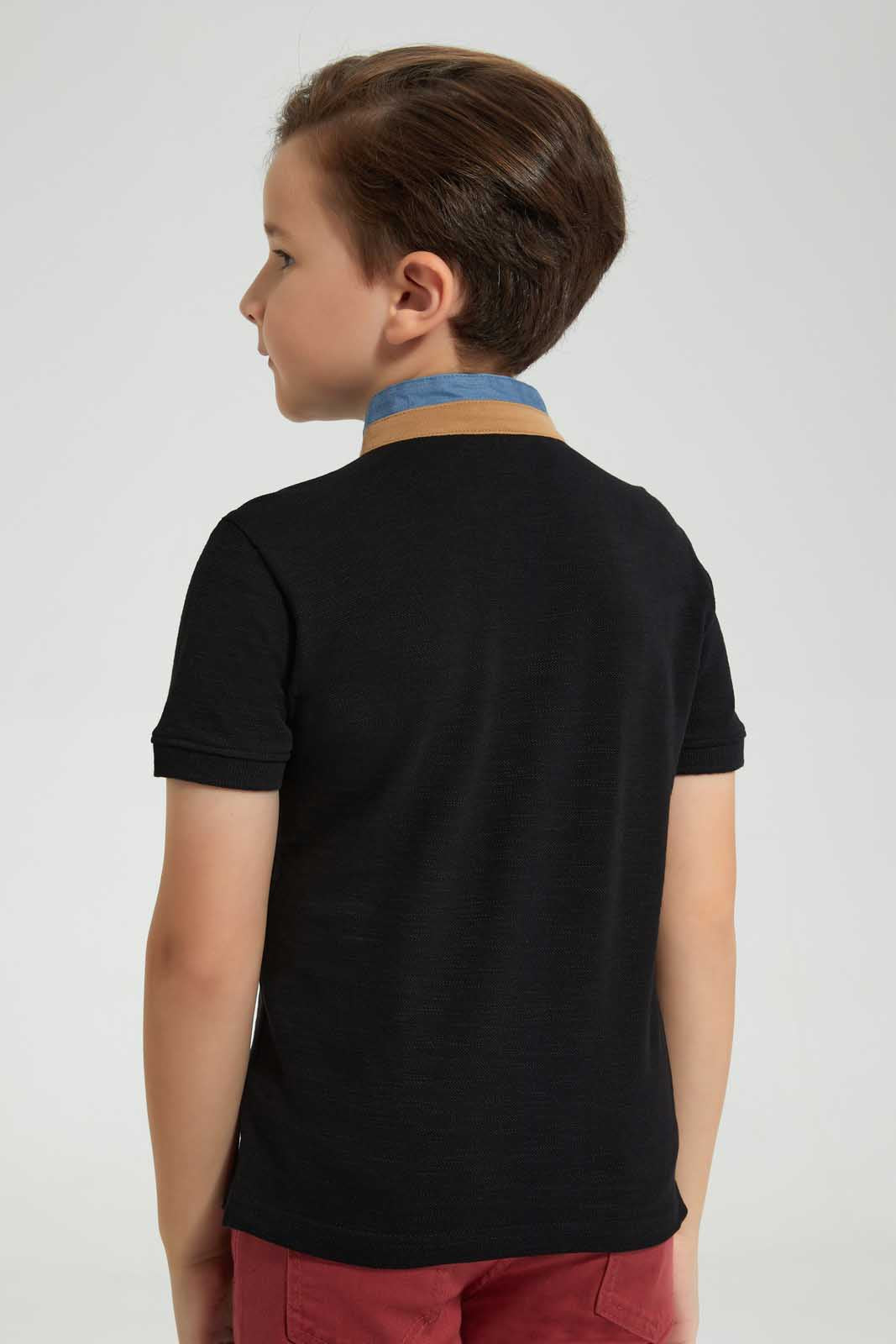 Redtag-Black-Stand-Up-Polo-With-Pocket-Polo-Shirts-Boys-2 to 8 Years