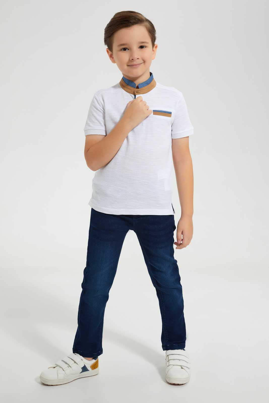 Redtag-White-Stand-Up-Collar-Polo-With-Pocket-Polo-Shirts-Boys-2 to 8 Years
