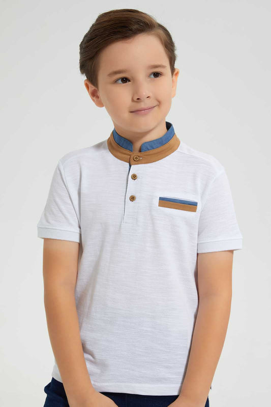 Redtag-White-Stand-Up-Collar-Polo-With-Pocket-Polo-Shirts-Boys-2 to 8 Years
