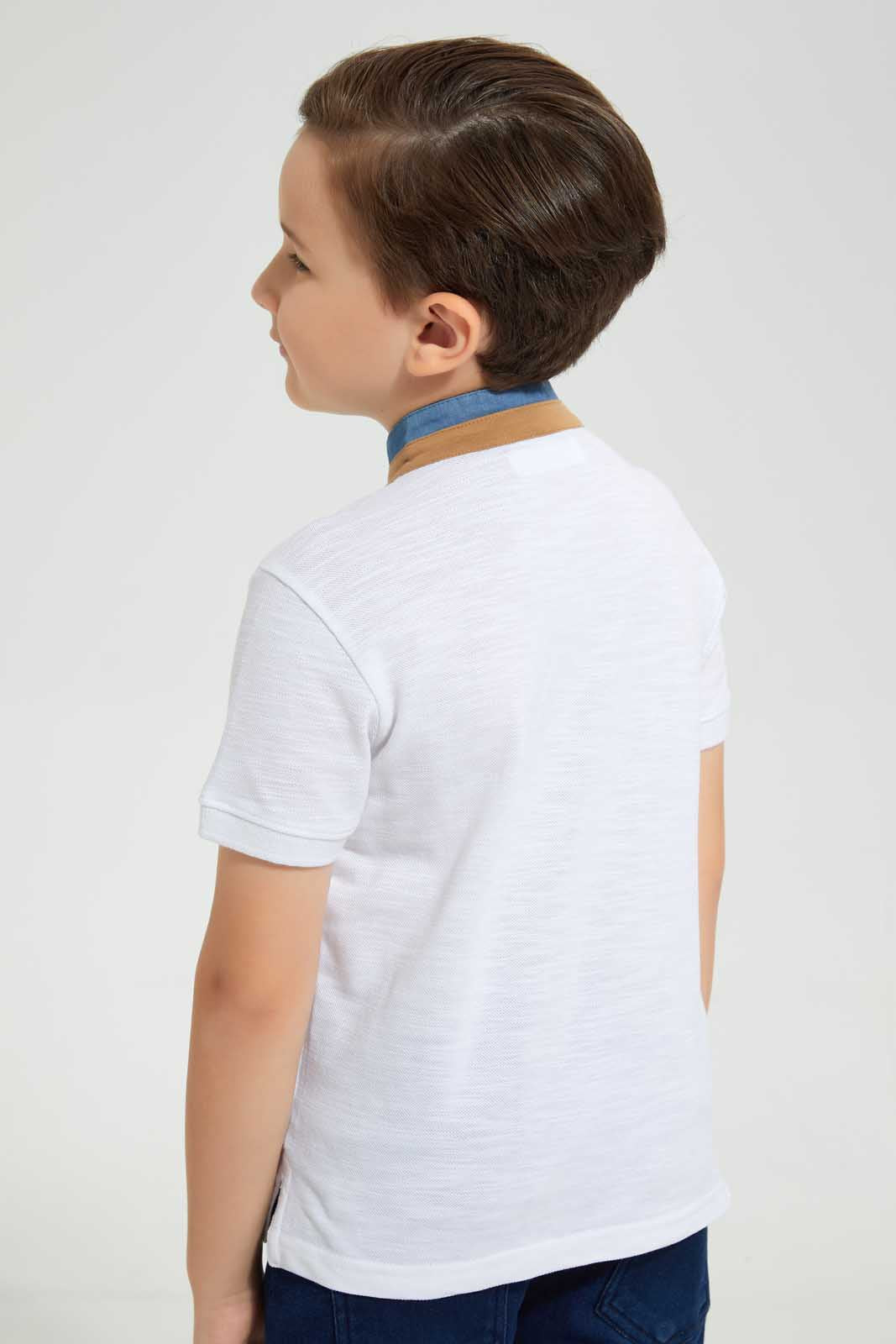 Redtag-White-Stand-Up-Collar-Polo-With-Pocket-Polo-Shirts-Boys-2 to 8 Years