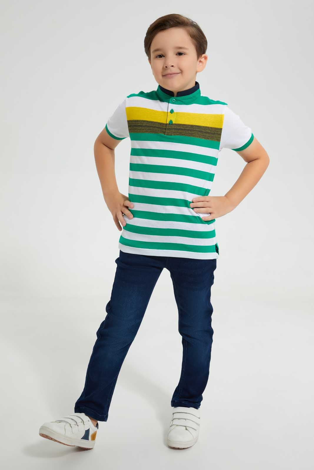 Redtag-Mint-Horizontal-Stripe-Stand-Collar-Polo-Shirt-Polo-Shirts-Boys-2 to 8 Years