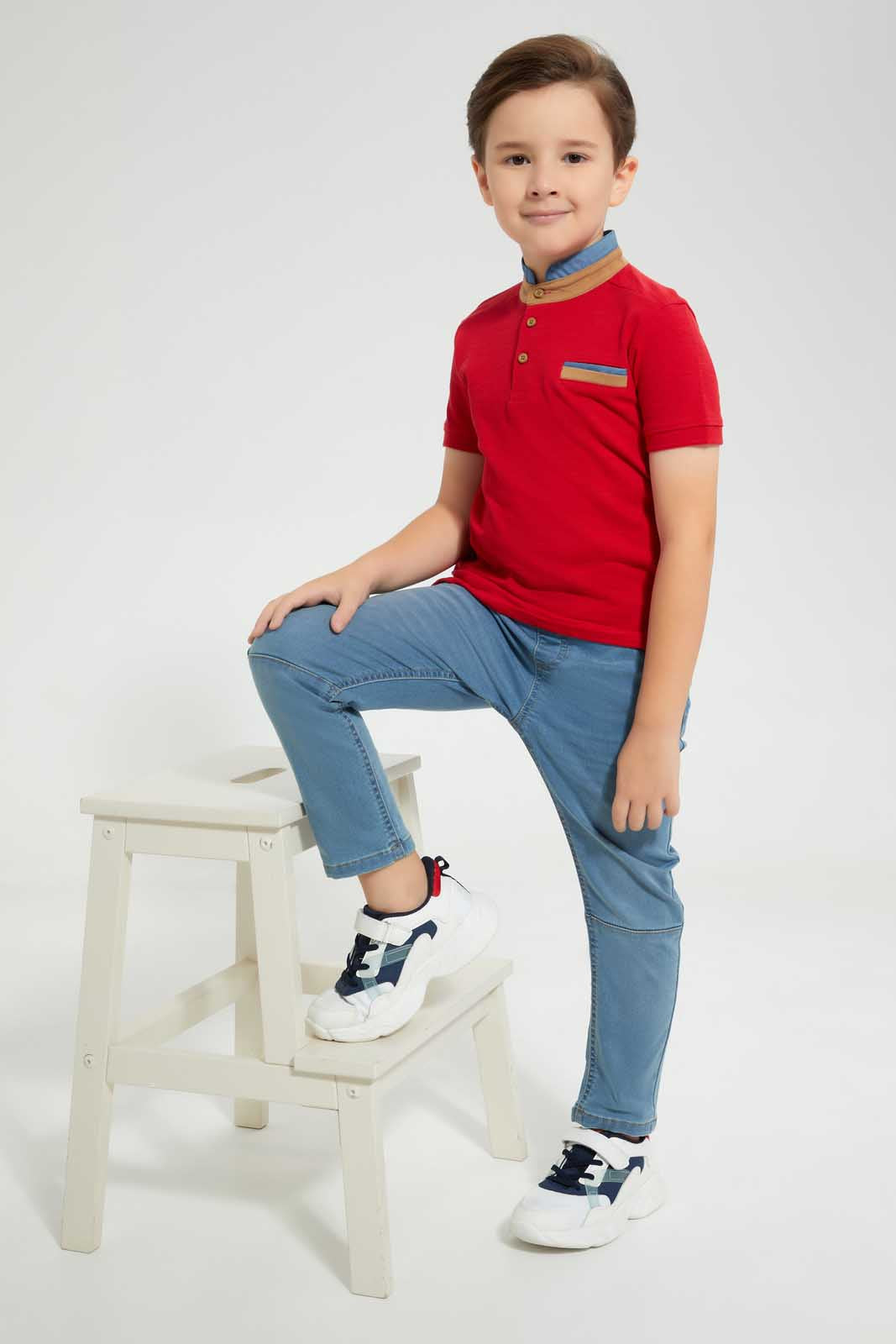 Redtag-Red-Horizontal-Stripe-Stand-Collar-Polo-Shirt-Polo-Shirts-Boys-2 to 8 Years
