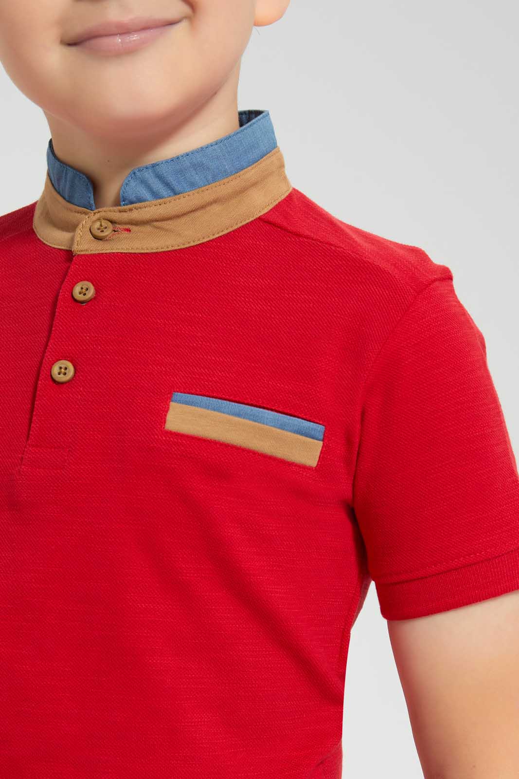 Redtag-Red-Horizontal-Stripe-Stand-Collar-Polo-Shirt-Polo-Shirts-Boys-2 to 8 Years