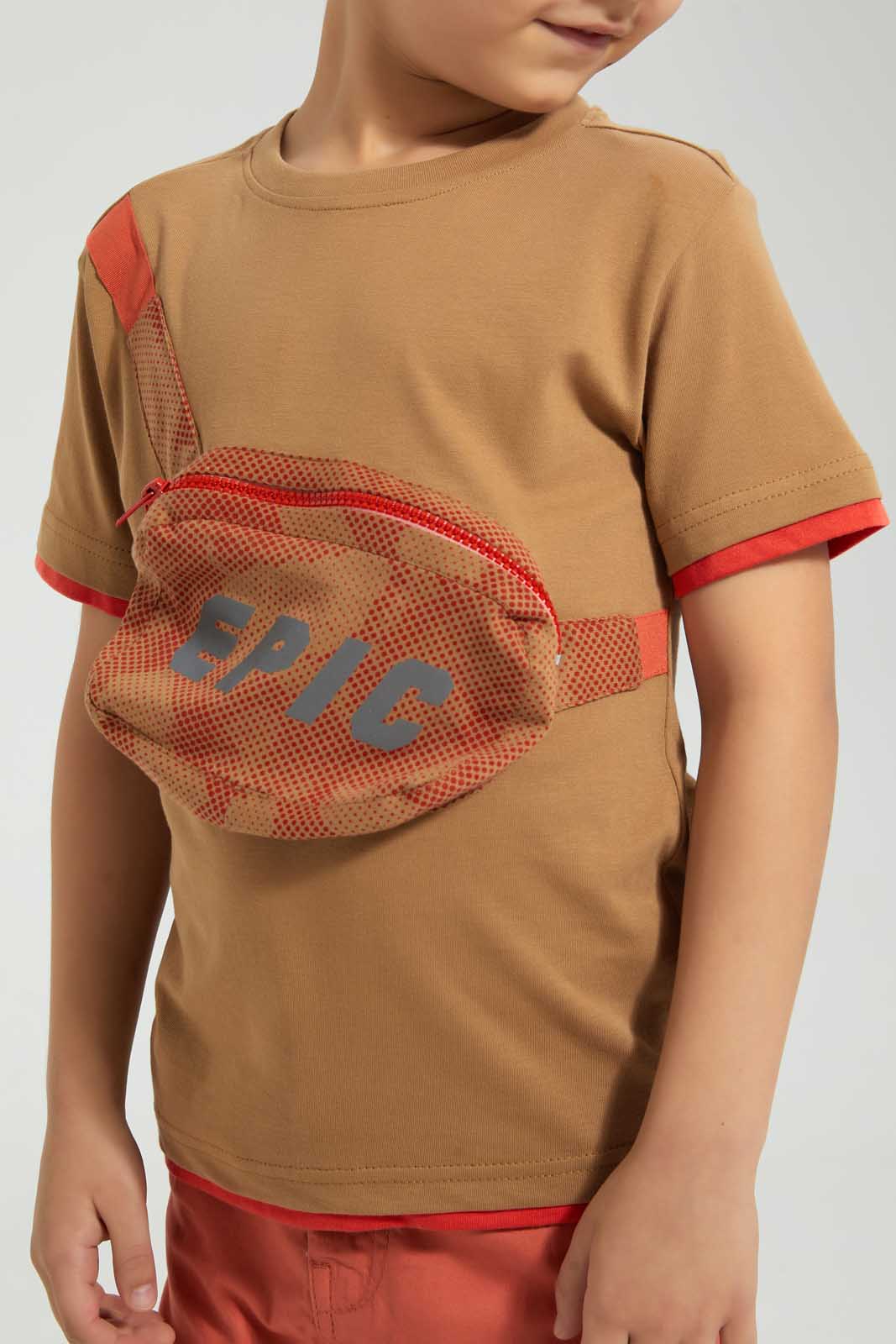 Redtag-Brown-Pouch-Bag-T-Shirt-Graphic-T-Shirts-Boys-2 to 8 Years