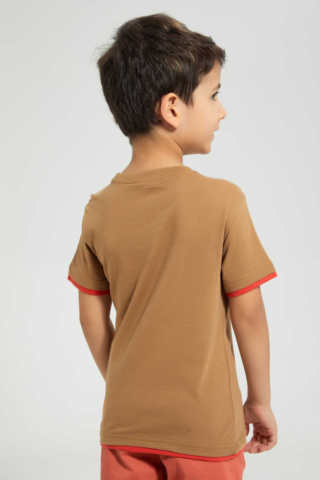 Redtag-Brown-Pouch-Bag-T-Shirt-Graphic-T-Shirts-Boys-2 to 8 Years