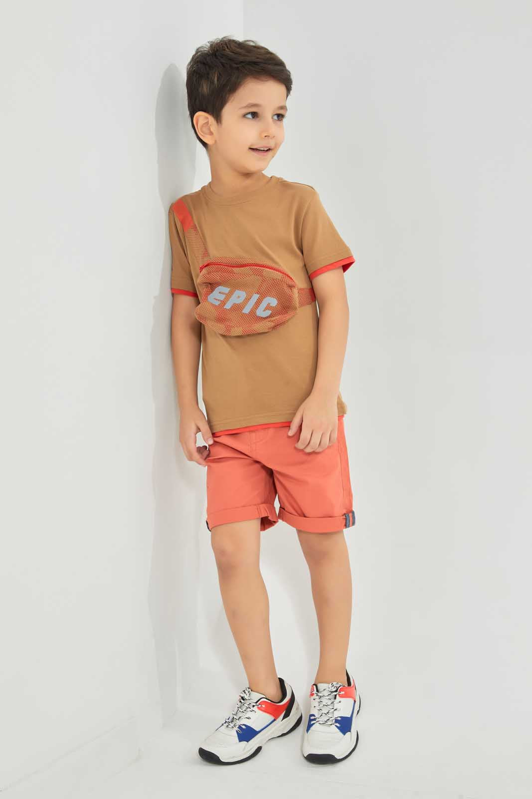 Redtag-Brown-Pouch-Bag-T-Shirt-Graphic-T-Shirts-Boys-2 to 8 Years