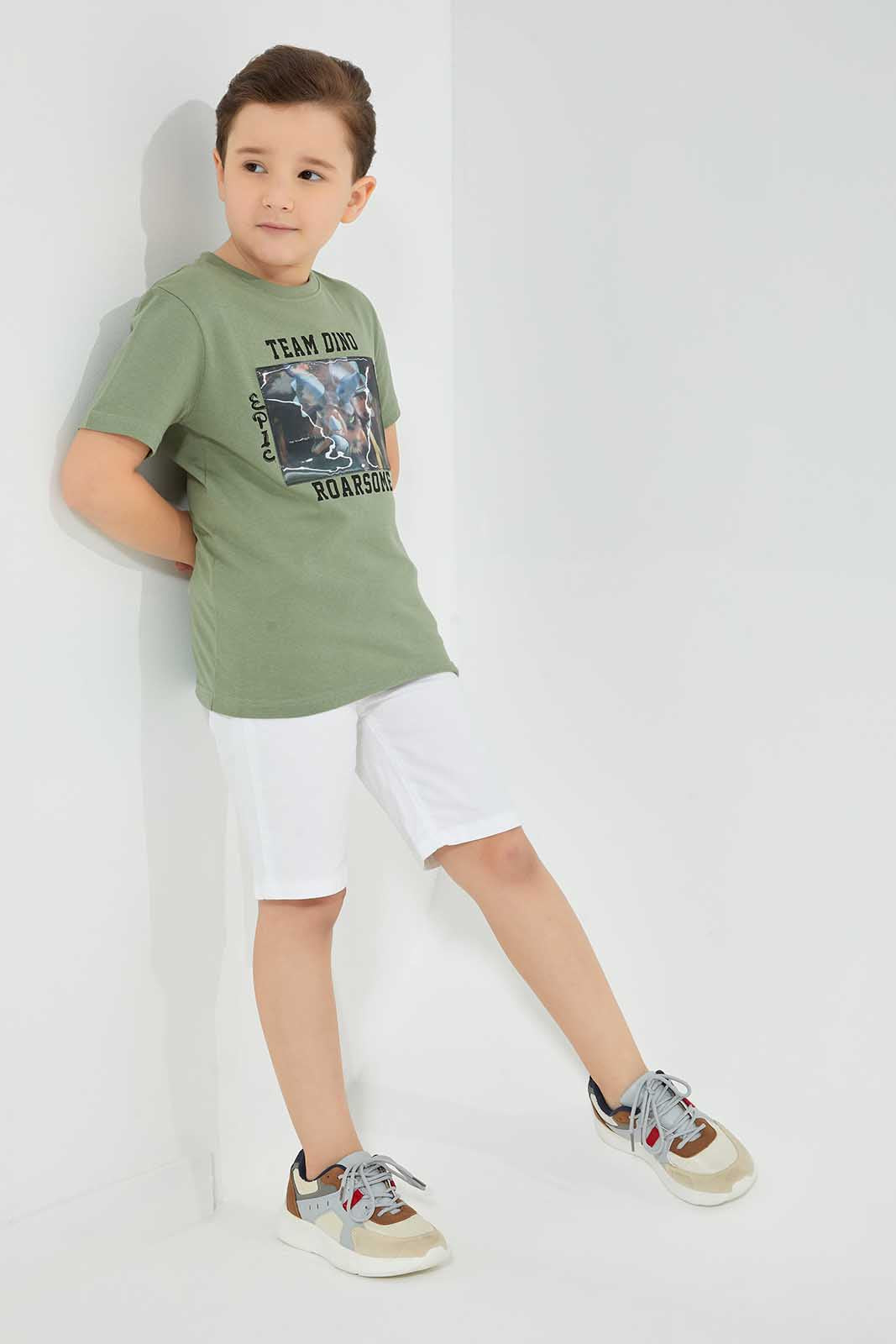 Redtag-Olive-Dinosaur-Print-T-Shirt-Graphic-Prints-Boys-2 to 8 Years