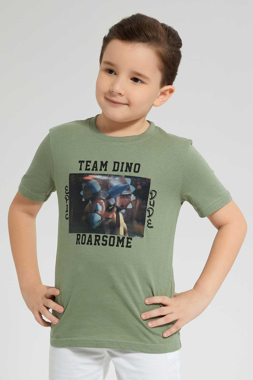 Redtag-Olive-Dinosaur-Print-T-Shirt-Graphic-Prints-Boys-2 to 8 Years