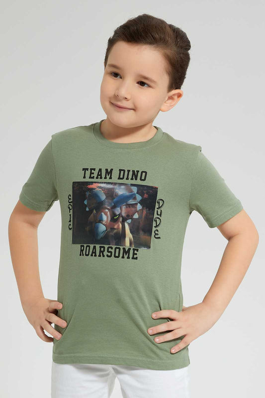 Redtag-Olive-Dinosaur-Print-T-Shirt-Graphic-Prints-Boys-2 to 8 Years