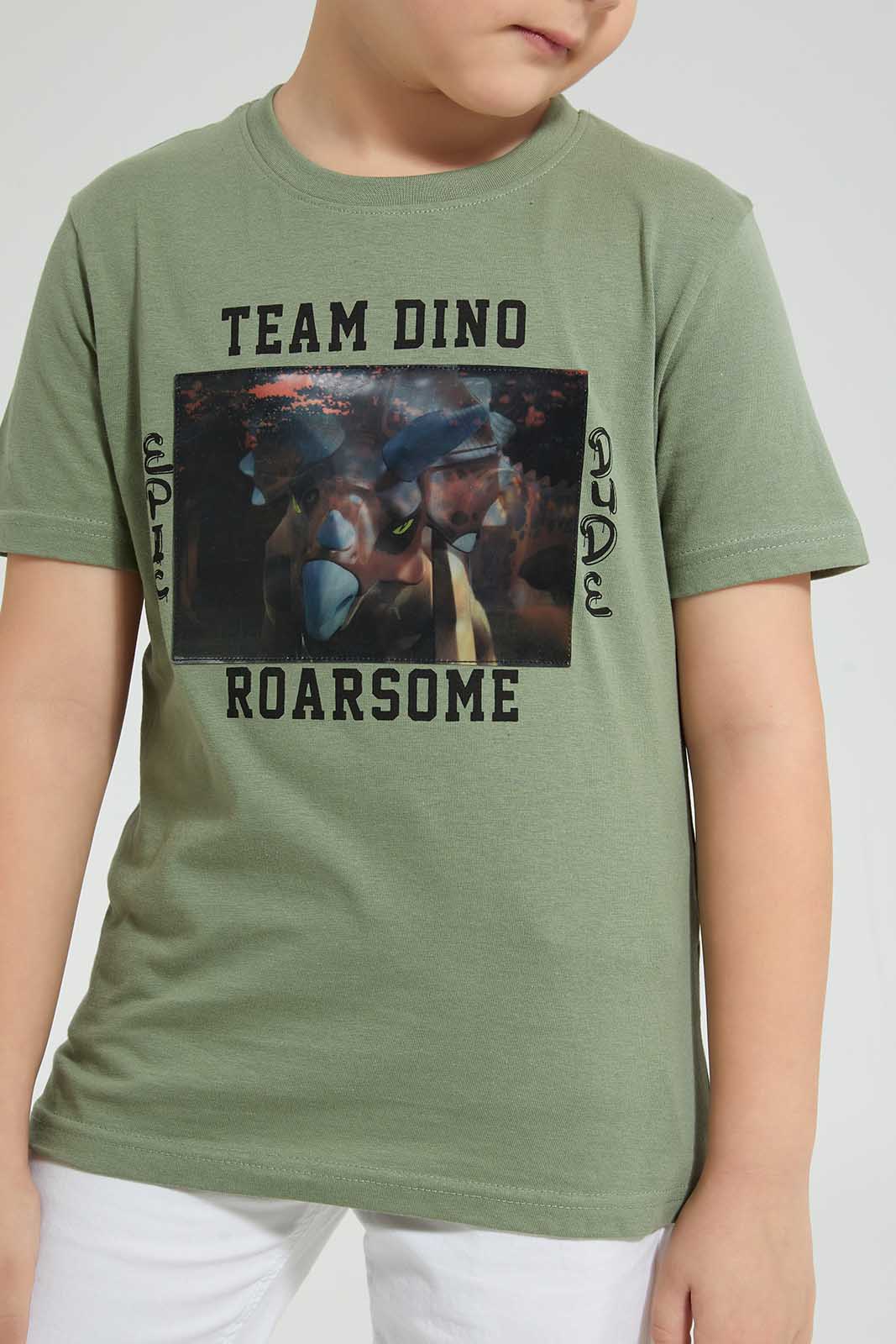 Redtag-Olive-Dinosaur-Print-T-Shirt-Graphic-Prints-Boys-2 to 8 Years