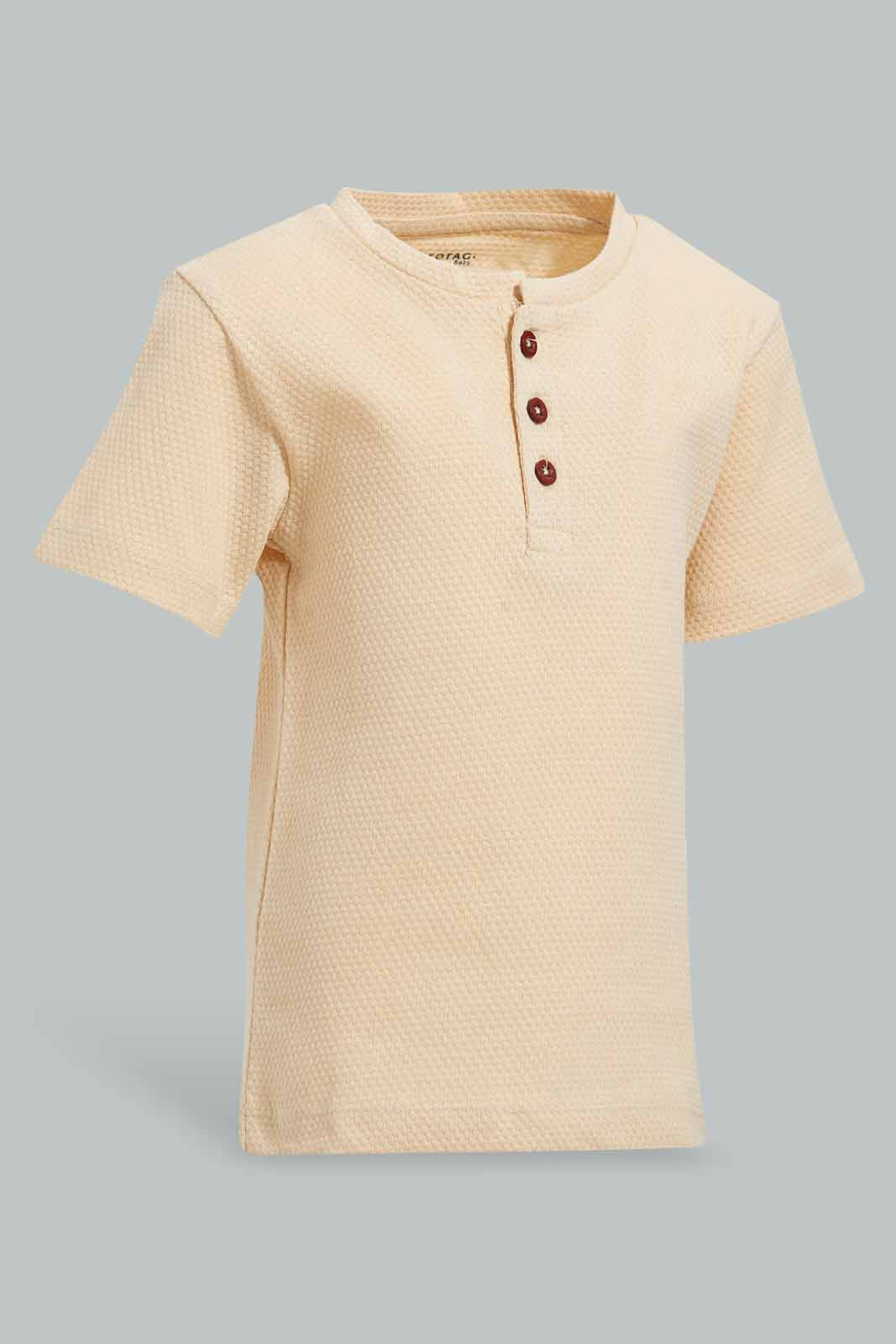 Redtag-Beige-Short-Sleeve-Henley-Jacquard-Tshirt-Henley-T-Shirts-Infant-Boys-3 to 24 Months