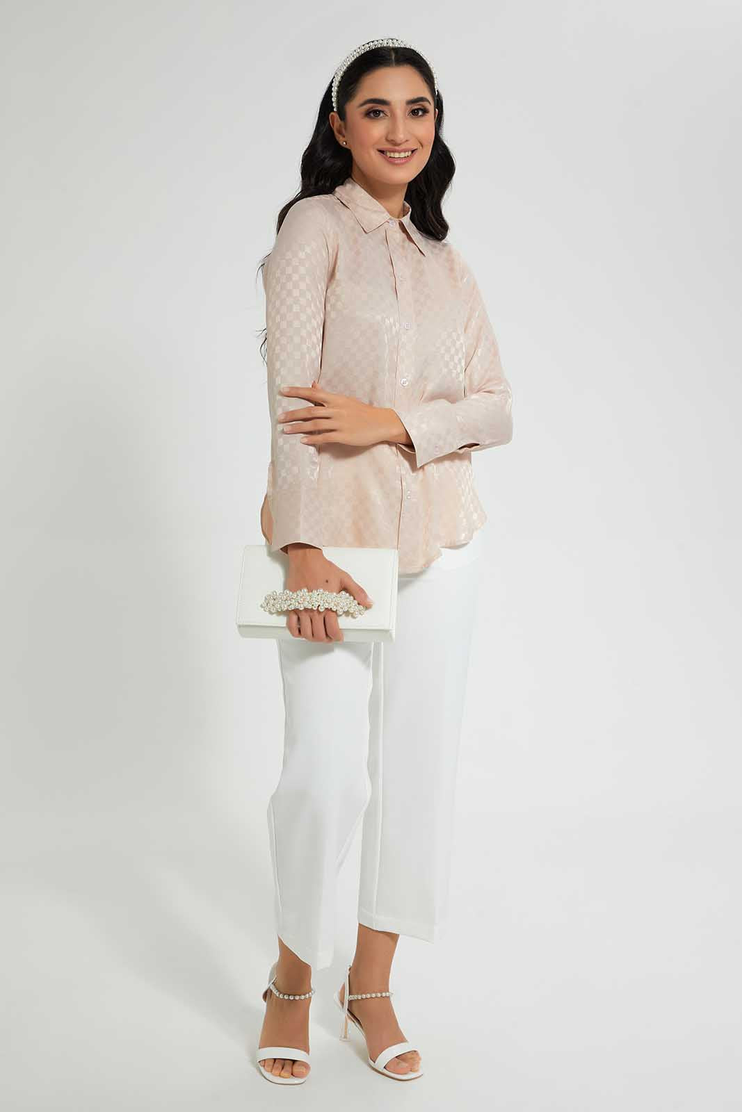 Redtag-Beige-Satin-Jacquard-Shirt-Blouses-Women's-