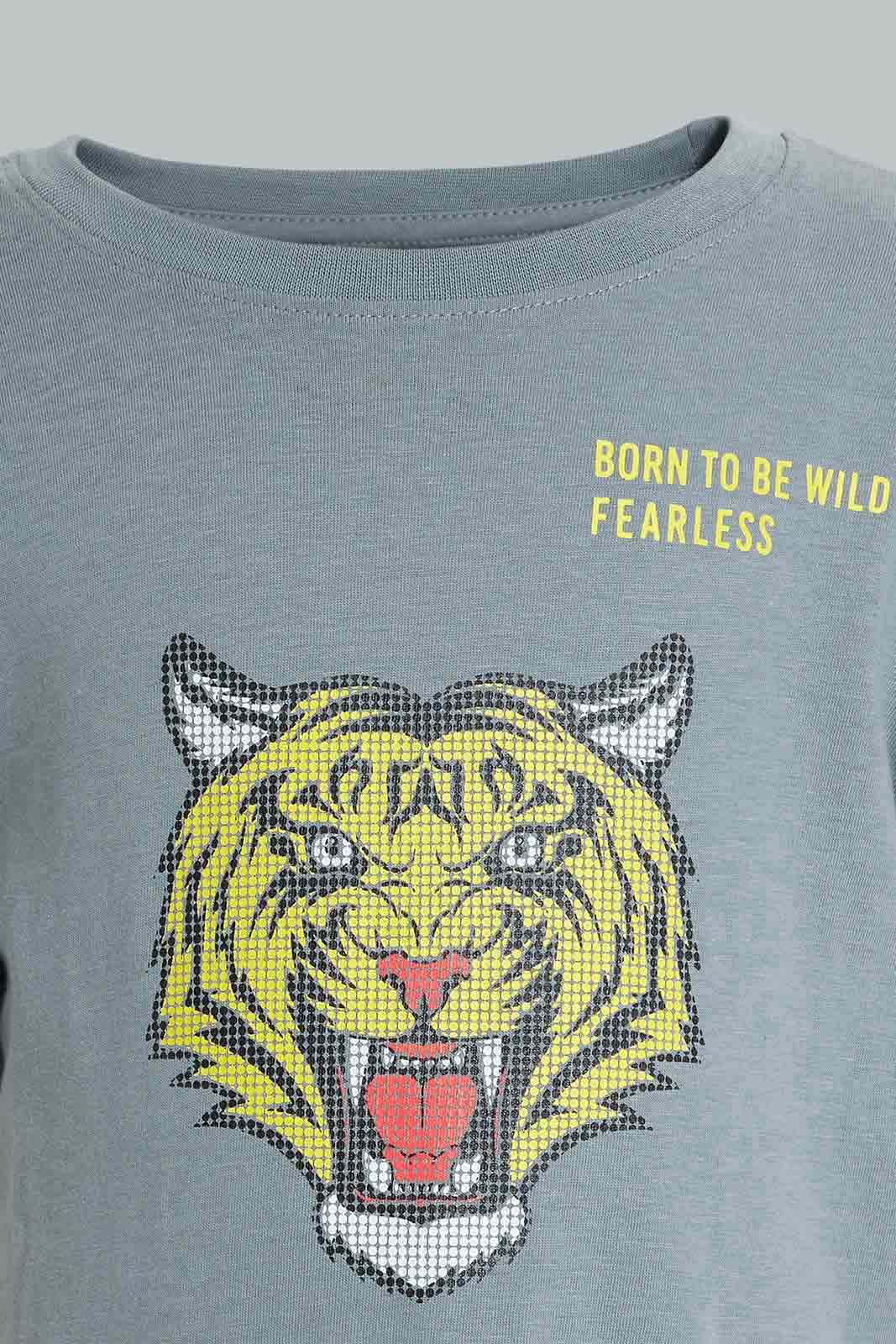 Redtag-Dark-Grey-Tiger-Print-T-Shirt-And-Short-Set-Sets-Boys-2 to 8 Years