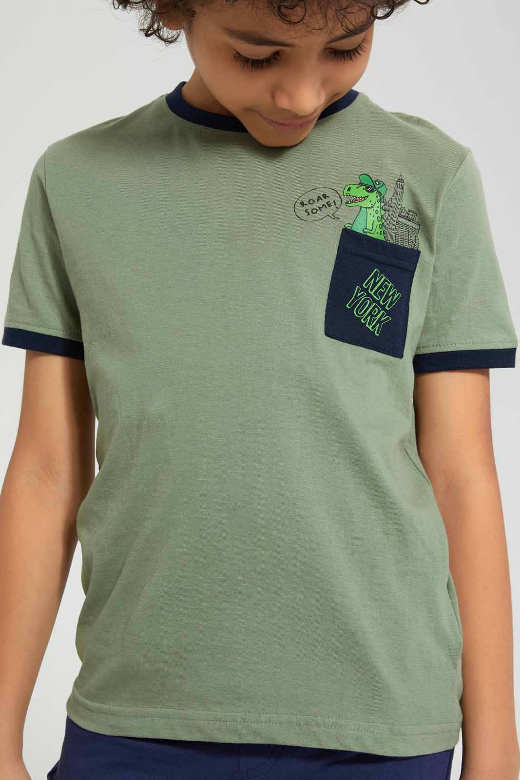 Redtag-Olive-Dino-Pocket-T-Shirt-Graphic-T-Shirts-Boys-2 to 8 Years