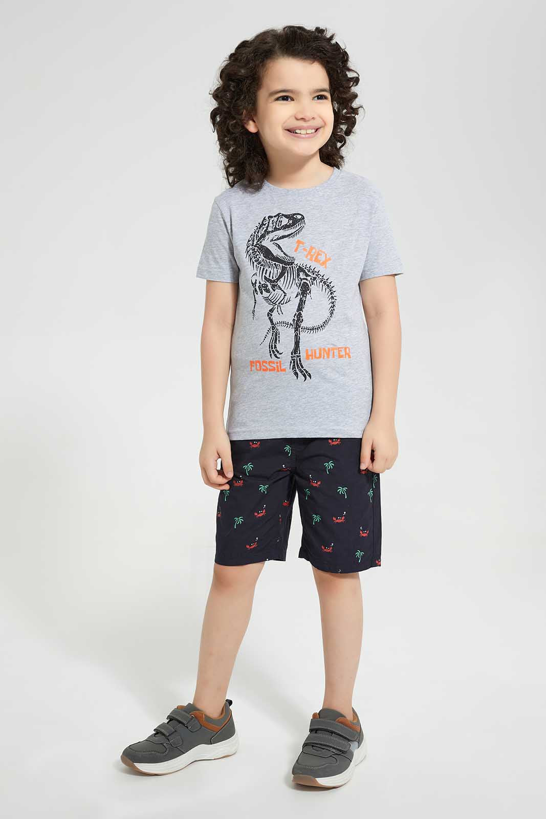 Redtag-Grey-T-Rex-Chest-Print-T-Shirt-Graphic-T-Shirts-Boys-2 to 8 Years