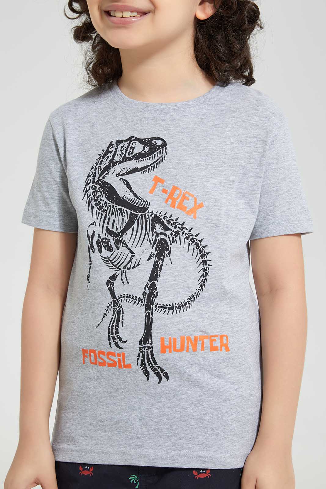 Redtag-Grey-T-Rex-Chest-Print-T-Shirt-Graphic-T-Shirts-Boys-2 to 8 Years