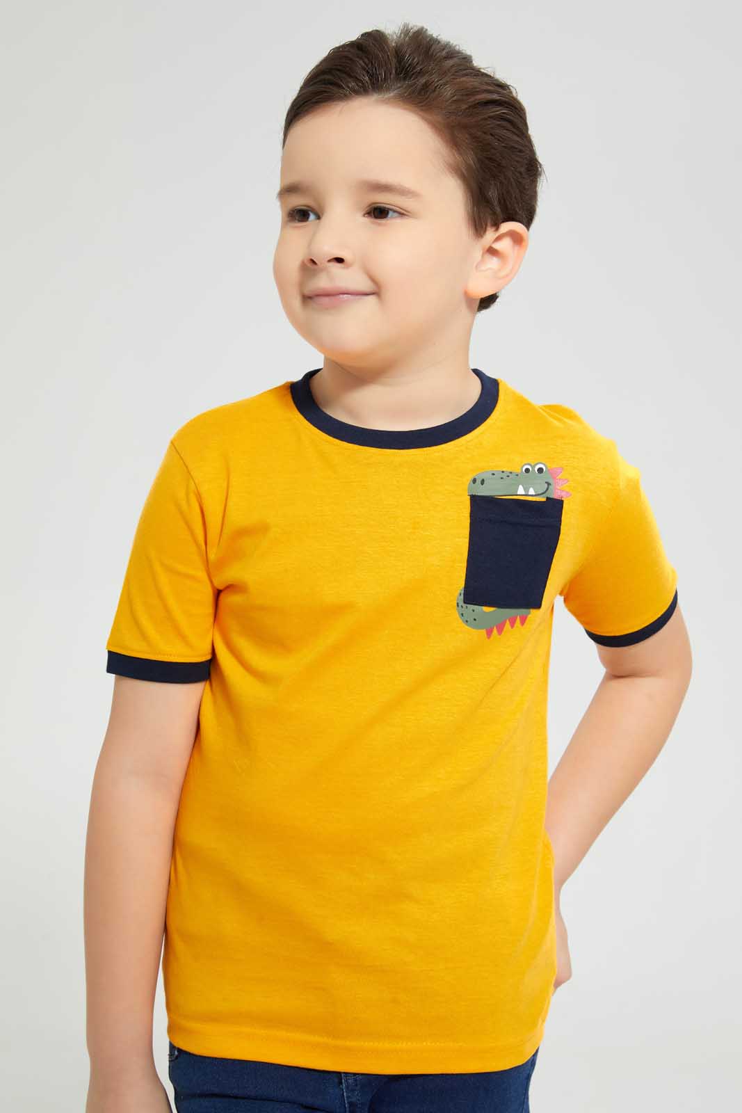 Redtag-Orange-Dragon-Pocket-T-Shirt-Graphic-T-Shirts-Boys-2 to 8 Years