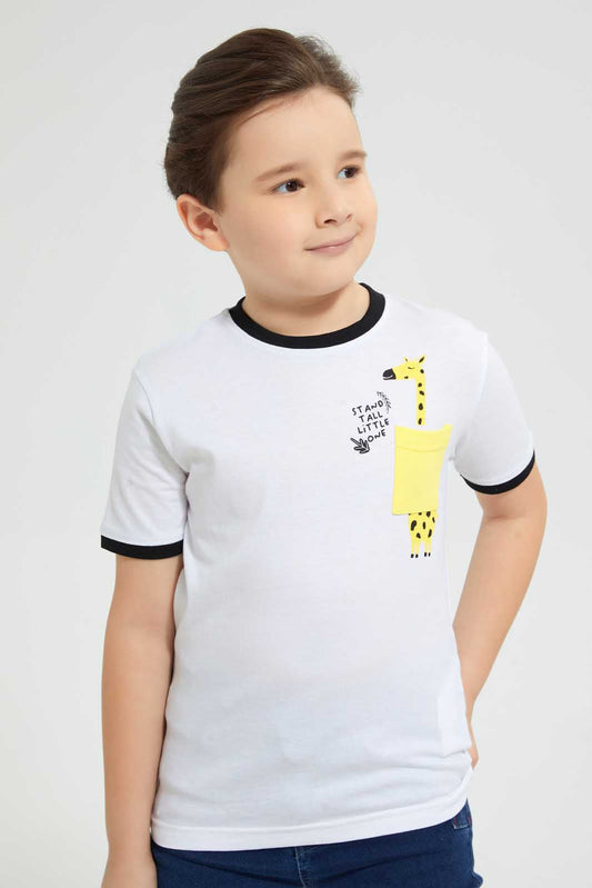 Redtag-White-Giraffe-Pocket-T-Shirt-Graphic-T-Shirts-Boys-2 to 8 Years